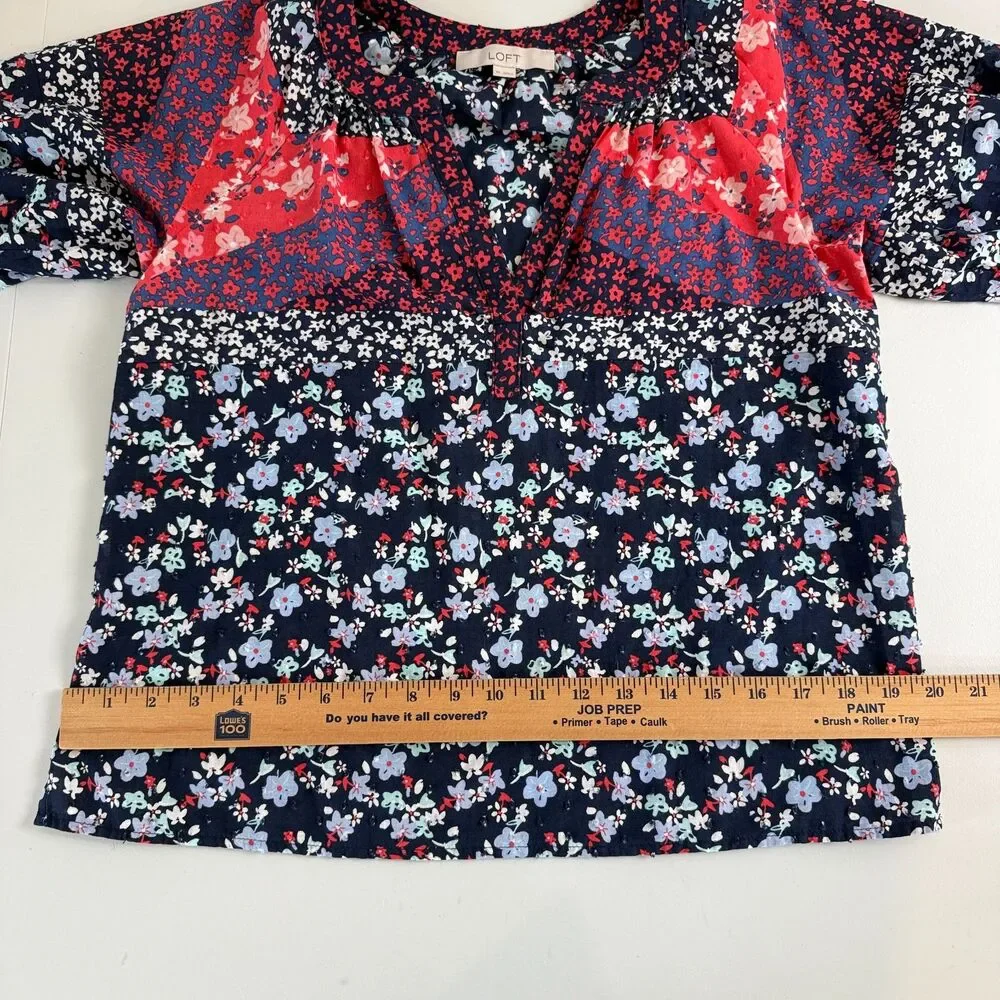 LOFT Women's Puff Sleeve Top Red White Blue Floral 100% Cotton Size XS